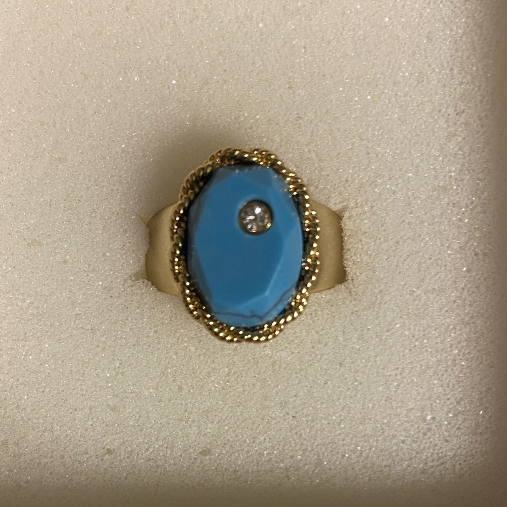 Stella & Dot Gold Statement Ring Size 7 Blue Stone Rhinestone Textured Border - Picture 5 of 9